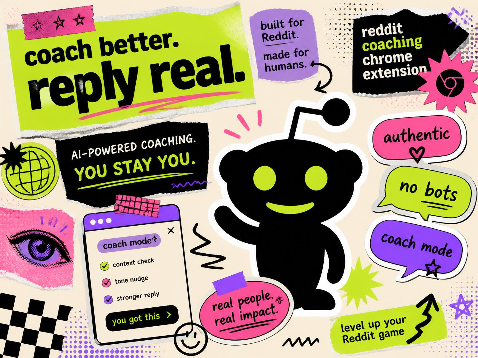Funky collage showing OrganiqReddit coaching interface